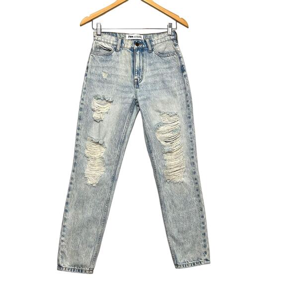Zara High Rise Skinny Jeans Sz 6 Distressed Light Wash Blue Rigid Denim - Picture 1 of 11